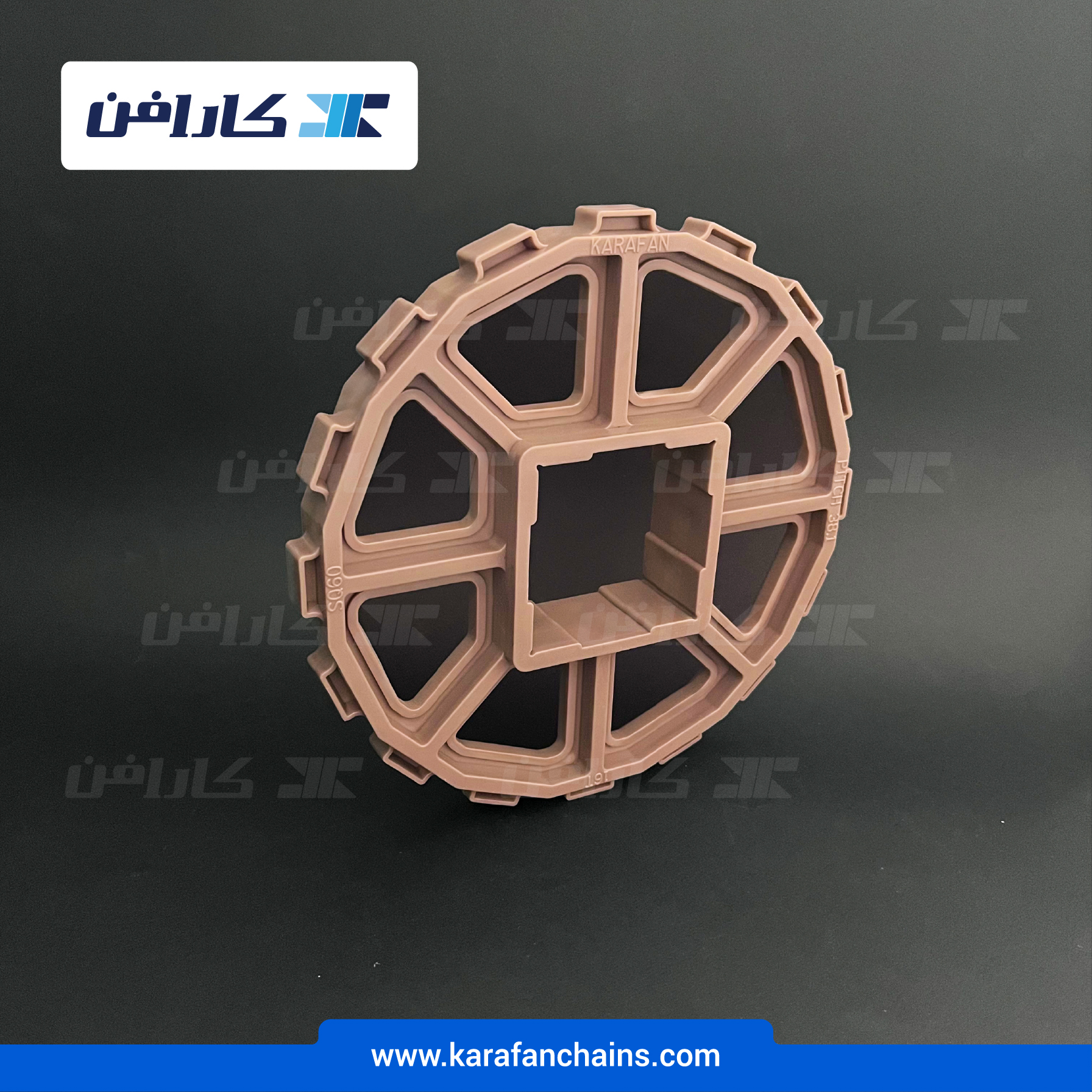 چرخ زنجیر گام 1.5 اینچ . 16دندانه . قطر 195 میلیمتر با سوراخ 60X60 و ضخامت دنده 12 میلیمتر در کارافن